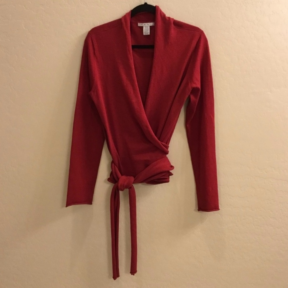 CAbi red silk blend wrap sweater. Medium